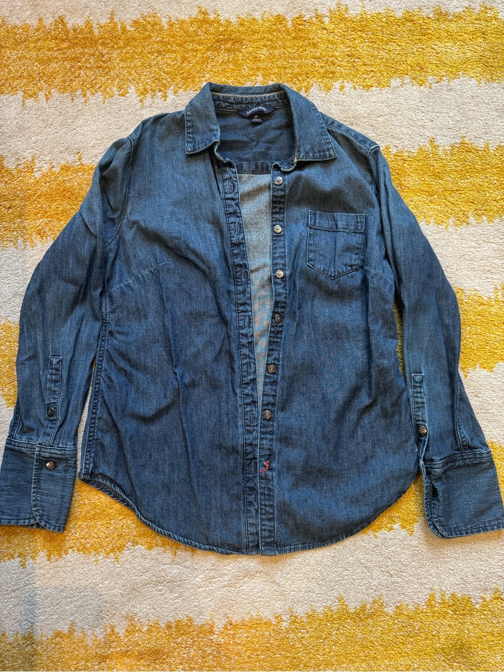 Lands' End Womens Petite Denim Button-Down Shirt Blouse in Blue 100% Cotton